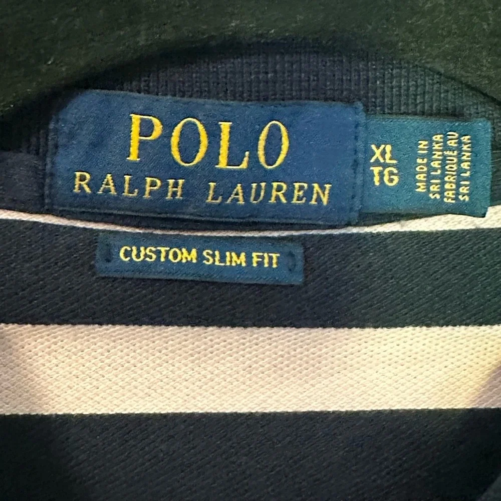 Polo Ralph Lauren Mens XL Custom Slim Fit Striped Polo Shirt Pink Navy Blue